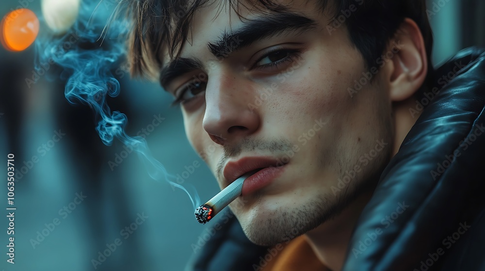 Obraz premium Close-up Portrait of a Young Man Smoking