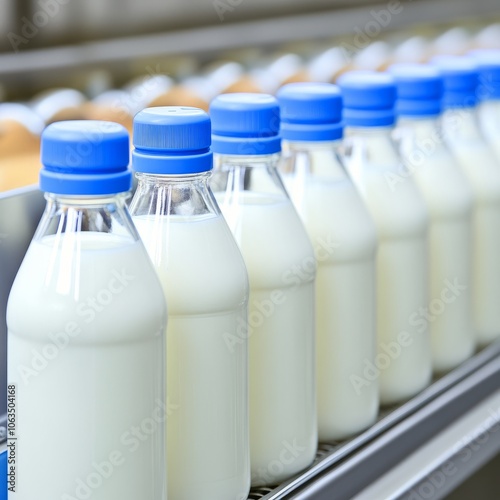 A row of milk bottles on a production line ready for distribution. photo