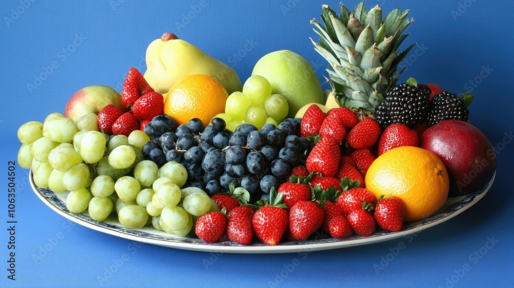 Colorful Fruit Arrangement on Blue Background Colorful Fruit Arrangement on Blue Background
