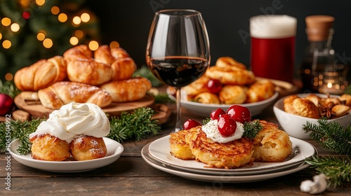 Traditional Hanukkah Foods and Festive Table Setting photo