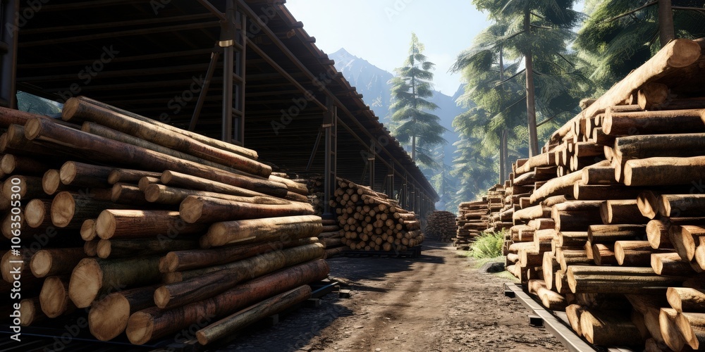 A sunlit forest path lined with stacks of lumber, showcasing the raw materials of nature and the industry that transforms them. A sunlit forest path lined with stacks of lumber, showcasing the raw materials of nature and the industry that transforms them.