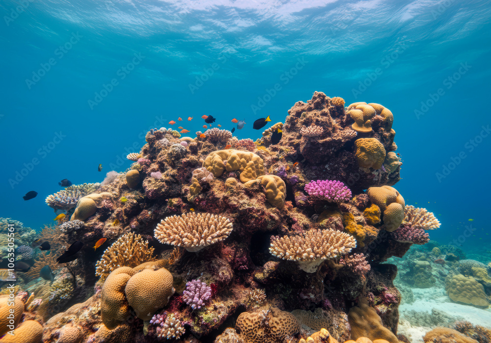 Fototapeta premium Underwater tropical seascape coral reef and fishes background