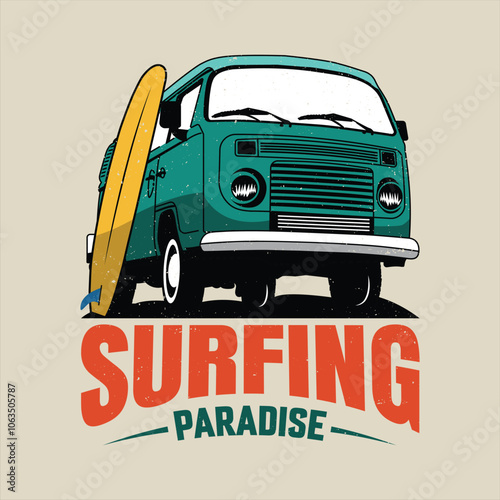 Summer vibes surfing paradise camper van illustration for t-shirt, patch, sticker etc