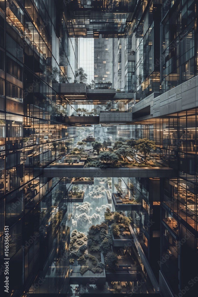 Fototapeta premium Futuristic Atrium With Lush Rooftop Gardens in Modern Urban Building