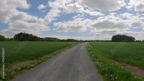 Springtime countryside with narrow country road, fields, trees on the background and beautiful sky near Markneukirchen town in Saxony photo