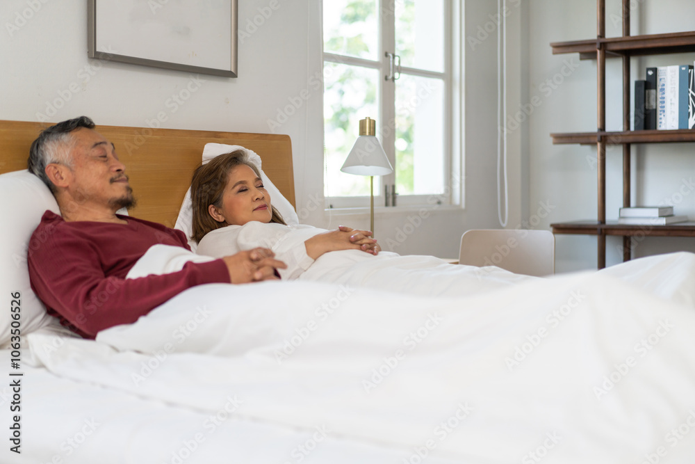 Senior happy love asian senior couple relaxing and talking together at home, wife, family, elderly, care, health, insurance.Retirement healthcare couple concept Senior happy love asian senior couple relaxing and talking together at home, wife, family, elderly, care, health, insurance.Retirement healthcare couple concept