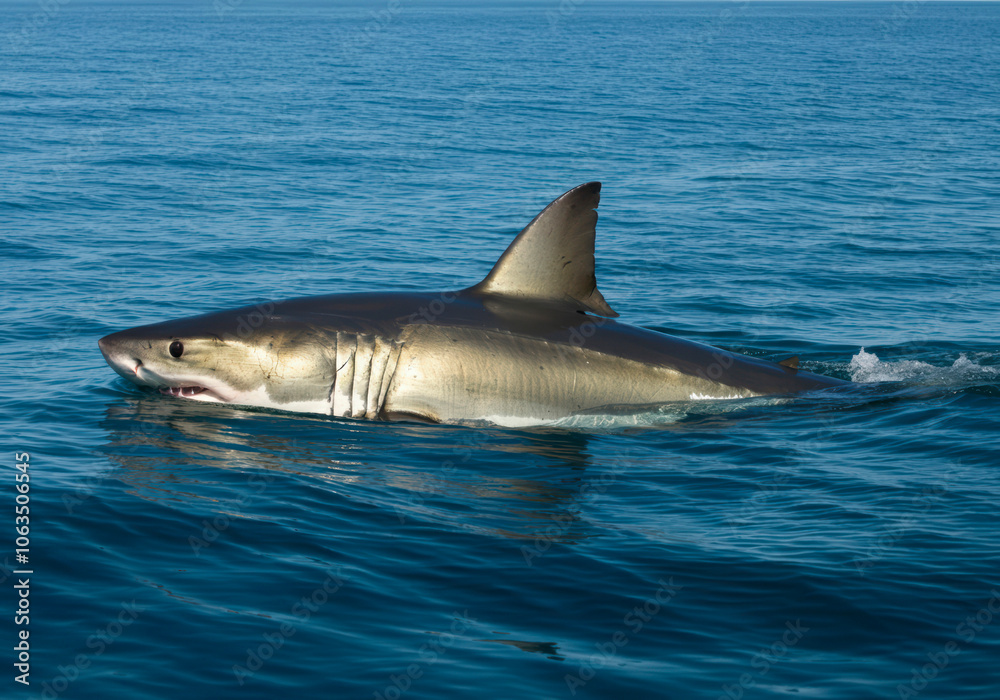 Fototapeta premium Great white sharks are one of the largest predatory fish in the world. On the water