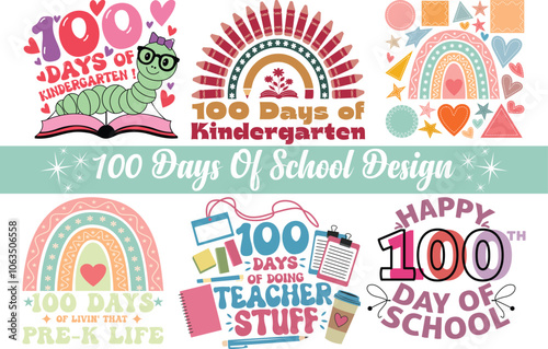Vector Illustration 100 days School of t shirt design Mega bundle vector, Kids T-shirt Design Set