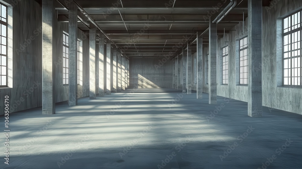 three-dimensional render of an empty warehouse, featuring stark shadows and subtle textures, invoking a sense of abandonment and industrial solitude three-dimensional render of an empty warehouse, featuring stark shadows and subtle textures, invoking a sense of abandonment and industrial solitude