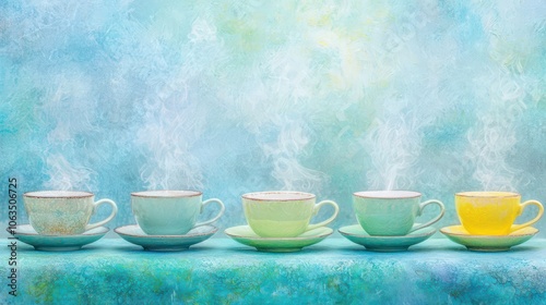 Five Teacups Steam Blue Background