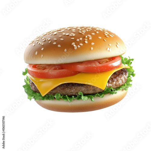 Delicious cheeseburger with fresh lettuce and tomatoes on a bun, transparent