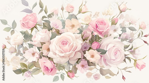 Delicate Elegance: Soft Pink and White Roses with Eucalyptus - Watercolor Wedding Floral Design Elements for Perfectly Replicated Patterns