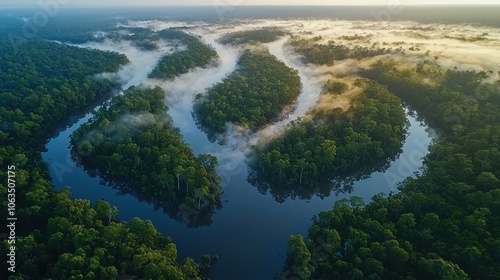 Aerial View of a Serpentine River Winding Through a Lush Rainforest with Mist