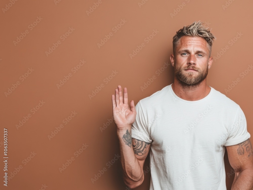A man with tattoos wearing a white t-shirt holds his hand up against a solid brown background. He has a confident expression and a modern hairstyle. A man with tattoos wearing a white t-shirt holds his hand up against a solid brown background. He has a confident expression and a modern hairstyle.