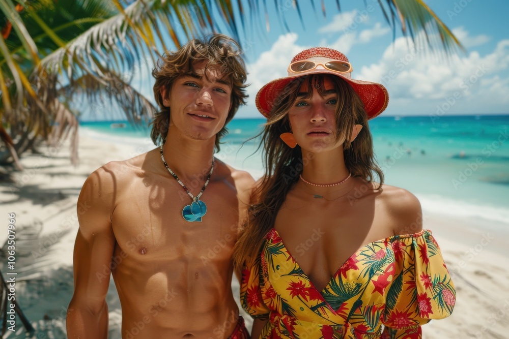 A young couple enjoys their summer vacation on a tropical beach, with clear blue skies and palm trees in the background. A young couple enjoys their summer vacation on a tropical beach, with clear blue skies and palm trees in the background.