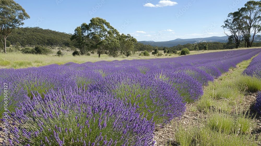 Naklejka premium A picturesque lavender field in full purple bloom, spreading out under a clear sky, with cool, crisp air and an idyllic, fresh landscape typical of colder climates.