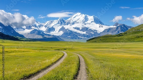 Majestic Mountain Vista: A winding dirt road leads towards a breathtaking panorama of snow-capped mountains under a vibrant blue sky. Serene landscape photography perfect for travel, adventure.