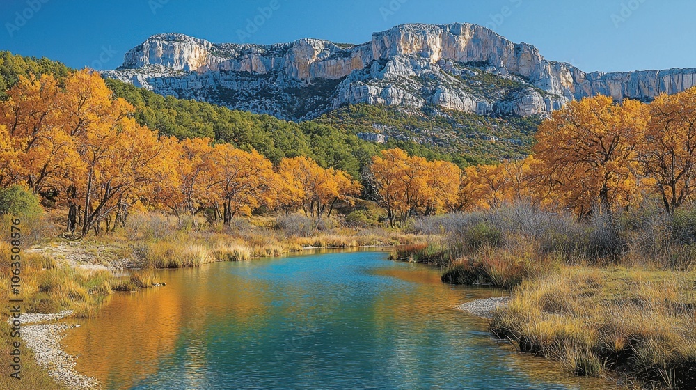 Autumn River Winding Through Mountain Valley Landscape Autumn River Winding Through Mountain Valley Landscape