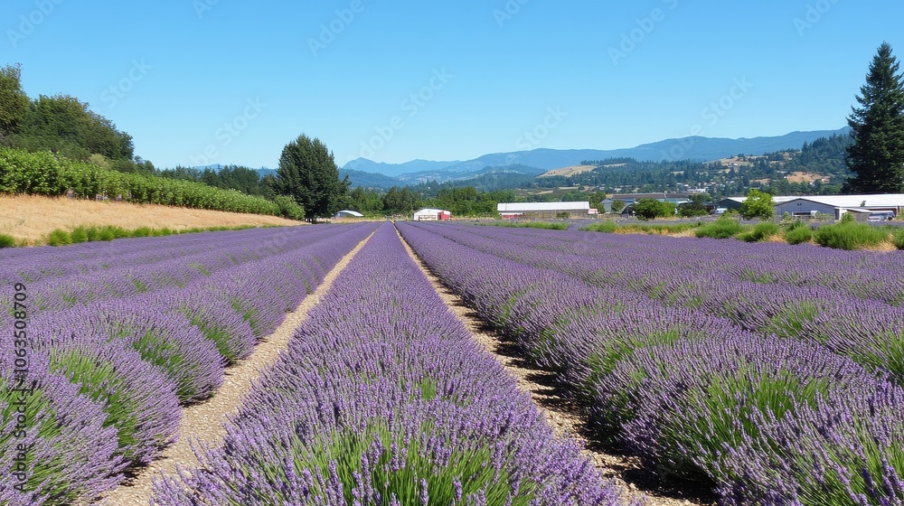 Endless rows of lavender flowers in full bloom, set against a bright blue sky, capturing the soothing essence of a cool-climate landscape without people. Endless rows of lavender flowers in full bloom, set against a bright blue sky, capturing the soothing essence of a cool-climate landscape without people.