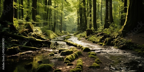 Sunlight filtering through the canopy illuminates a moss-covered stream, its surface reflecting the dappled light of the forest