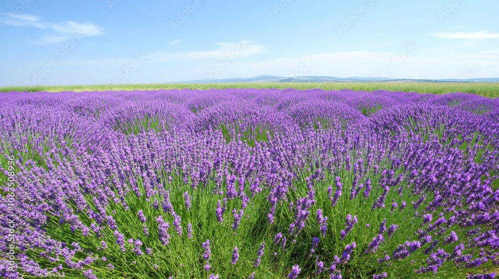 Fototapeta premium Expansive lavender field in full bloom with vibrant purple hues stretching to the horizon, set against a clear, blue sky in a refreshing, cool-climate atmosphere.