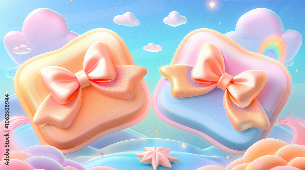 vibrant and whimsical illustration featuring two beautifully wrapped gift boxes adorned with large bows, set against dreamy pastel sky filled with clouds and hint of rainbow vibrant and whimsical illustration featuring two beautifully wrapped gift boxes adorned with large bows, set against dreamy pastel sky filled with clouds and hint of rainbow