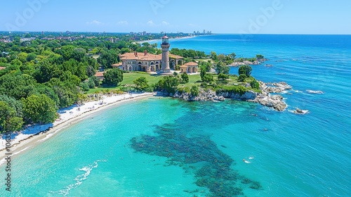 Aerial View of Historic Lighthouse on Coastal Beach with Crystal Clear Water