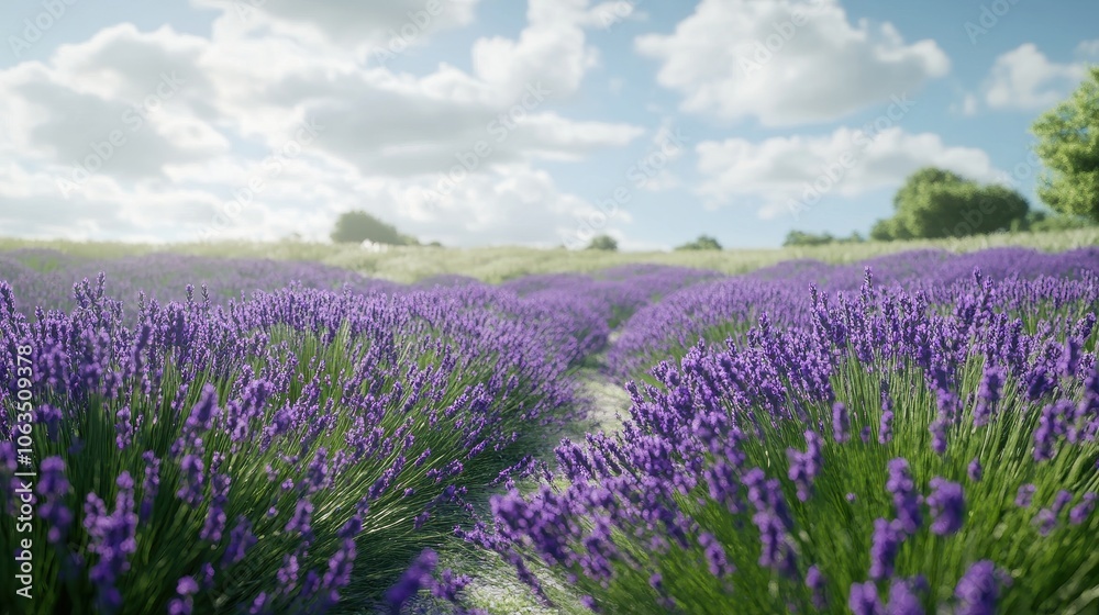 Naklejka premium Lush lavender field with vibrant purple blooms under a bright sky, creating a refreshing, cool landscape perfect for showcasing the beauty of a tranquil countryside.
