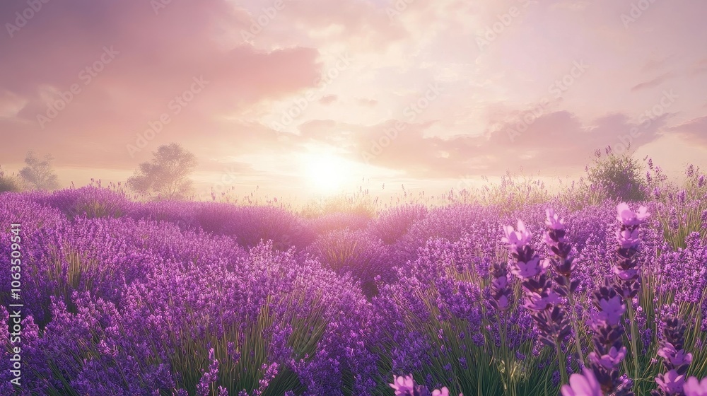 Fototapeta premium Lush lavender field with vibrant purple blooms under a bright sky, creating a refreshing, cool landscape perfect for showcasing the beauty of a tranquil countryside.
