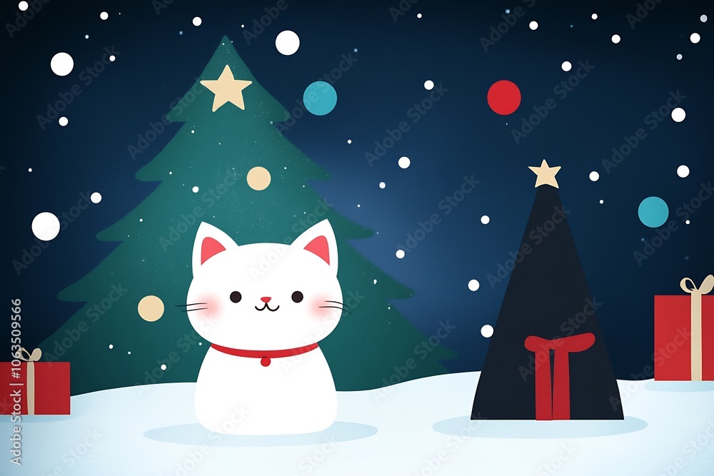 Fototapeta premium Festive Cat Illustration With Green And Black Christmas Trees And Snow : Generative AI