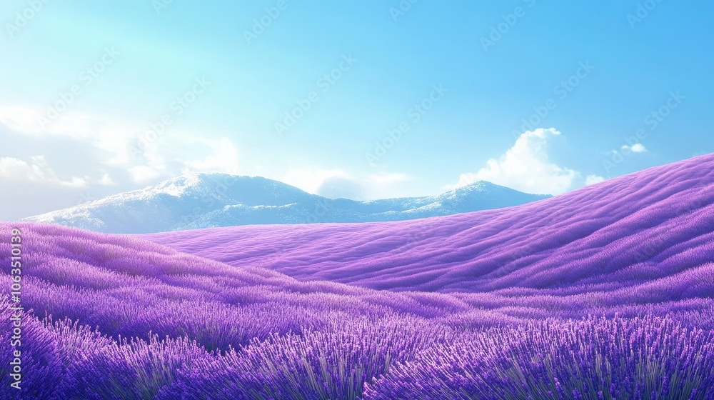 Naklejka premium Wide lavender field bathed in sunlight under a clear blue sky, capturing the tranquil beauty of a cool, refreshing day with rolling purple waves.