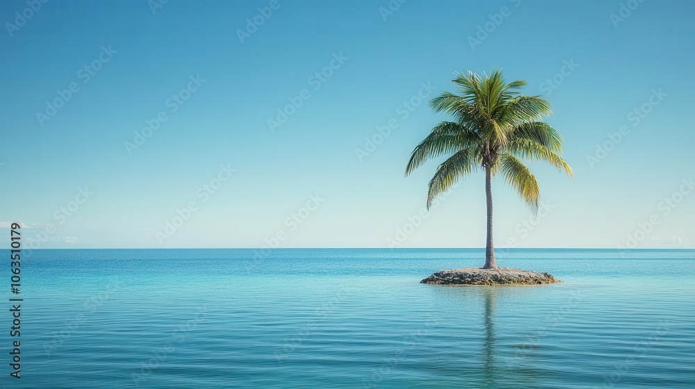 tranquil scene of a solitary palm tree on a small island, surrounded by clear blue waters, under a cloudless sky, evoking peace, serenity, and relaxation tranquil scene of a solitary palm tree on a small island, surrounded by clear blue waters, under a cloudless sky, evoking peace, serenity, and relaxation