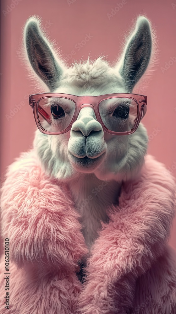 Naklejka premium creative concept featuring a stylish llama wearing fashionable sunglasses against a solid pastel background capturing a playful and whimsical vibe for advertising