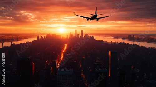 Airplane soaring over a vibrant city skyline at sunset, with dramatic skies and city lights, capturing the essence of travel and adventure.