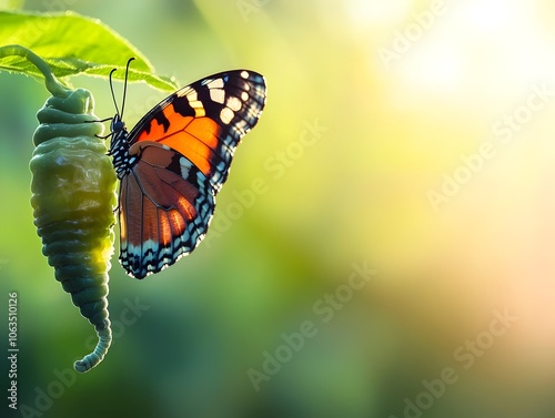 Butterfly Emerging from Chrysalis Wings Unfurling in Morning Light Symbol of Rebirth and New Beginnings photo