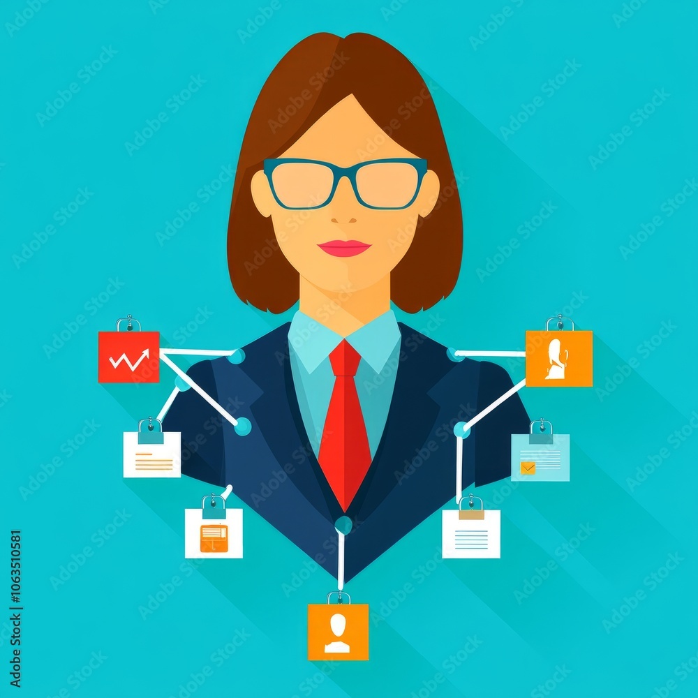 Illustration of a professional woman with data connections and icons. Illustration of a professional woman with data connections and icons.