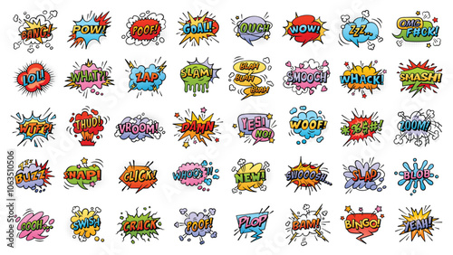 Big colorful set of comic speech bubbles. Vintage design, pop art style. Vector templates for comics book, social media banners, promotional material. Pow, wow, bang, what, splash, boom and etc. 
