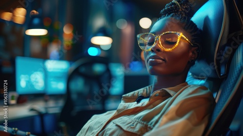 A young woman in stylish, illuminated glasses relaxes in a modern office setting. The scene exudes a calm, yet vibrant atmosphere with soft lighting and tech elements.