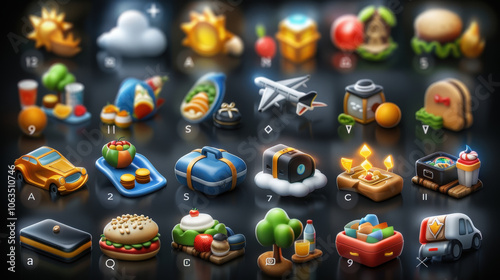 Colorful and modern icons representing travel, food, and leisure activities, including airplane, suitcase, and various food items. These icons are perfect for travel apps and digital interfaces