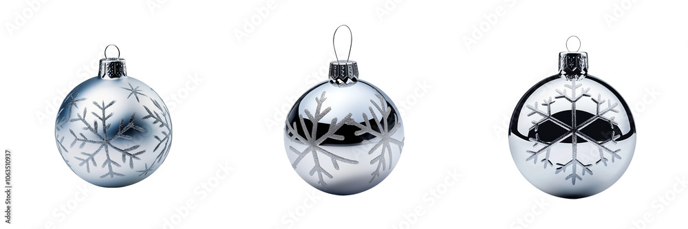 shiny silver Christmas ball with etched snowflake patterns, reflecting light and adding shimmer, isolated on a transparent background shiny silver Christmas ball with etched snowflake patterns, reflecting light and adding shimmer, isolated on a transparent background