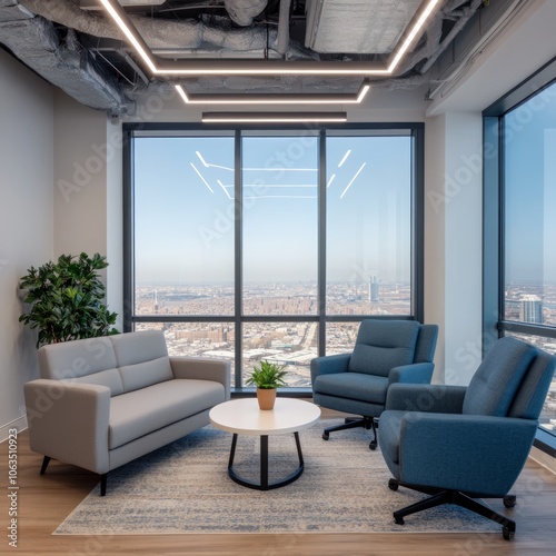 Modern office lounge with seating and city view, designed for relaxation.