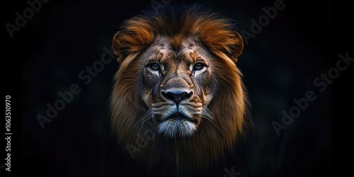 A striking portrait of a lion set against a dark background, showcasing the essence of African wildlife in a powerful and captivating way.