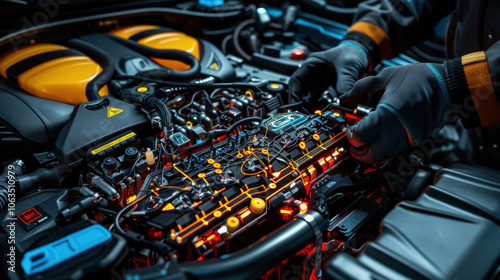 Close up of hands working on car engine, checking fluid levels and components. intricate details of engine showcase complexity of automotive maintenance and repair
