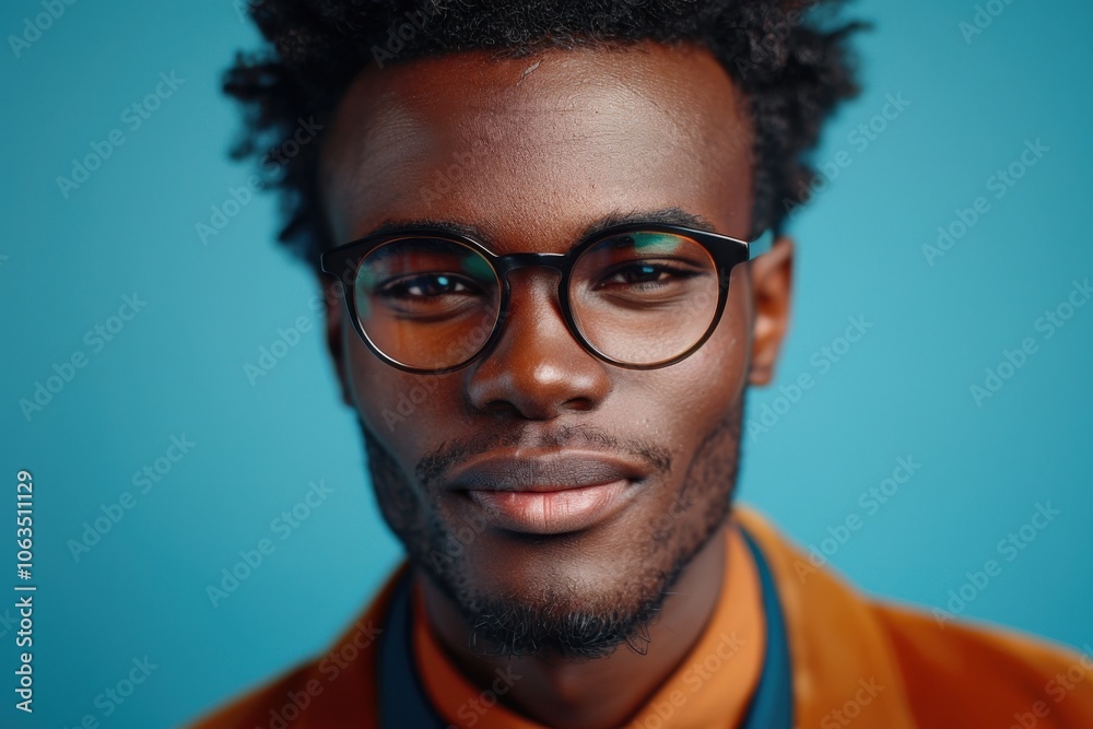 A smiling young man with glasses is looking at the camera against a bright blue background. His confident and friendly expression is highlighted by soft lighting. A smiling young man with glasses is looking at the camera against a bright blue background. His confident and friendly expression is highlighted by soft lighting.