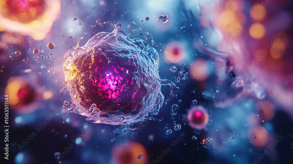 Microscopic view of cell division showing cell membrane and nucleus surrounded by other cells Microscopic view of cell division showing cell membrane and nucleus surrounded by other cells