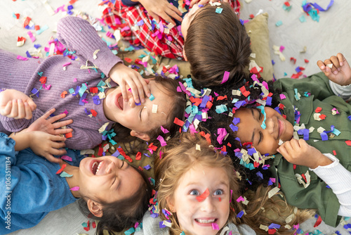 Wallpaper Mural Portrait happy friend school girl children student, kid, child having fun activity play party, festive and event celebration with colorful confetti, birthday, new year, children day at school Torontodigital.ca