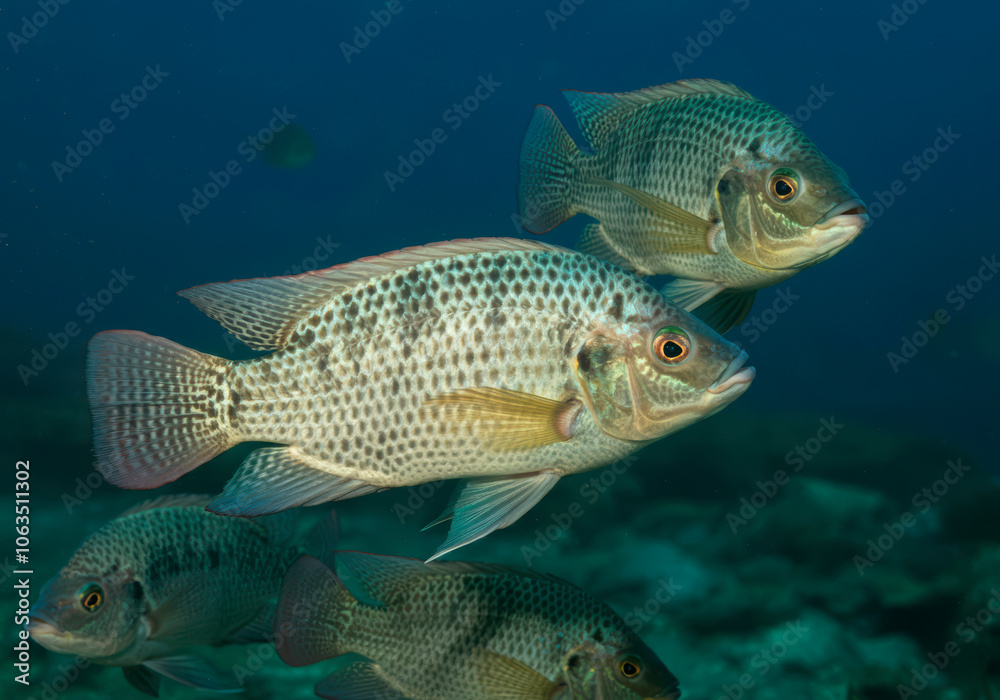 Group of nile tilapia fish swimming in the ocean, underwater, closeup shot. Group of nile tilapia fish swimming in the ocean, underwater, closeup shot.