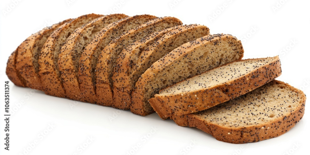 A loaf of sliced brown bread sprinkled with poppy seeds stands alone against a white backdrop. The brown bread features poppy seeds and is cut into slices. A loaf of sliced brown bread sprinkled with poppy seeds stands alone against a white backdrop. The brown bread features poppy seeds and is cut into slices.