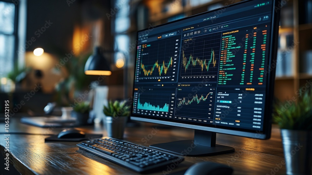 In a stylish workspace, a large monitor showcases detailed financial graphs and market data, accompanied by a sleek keyboard and a warm ambience from the desk lamp. In a stylish workspace, a large monitor showcases detailed financial graphs and market data, accompanied by a sleek keyboard and a warm ambience from the desk lamp.