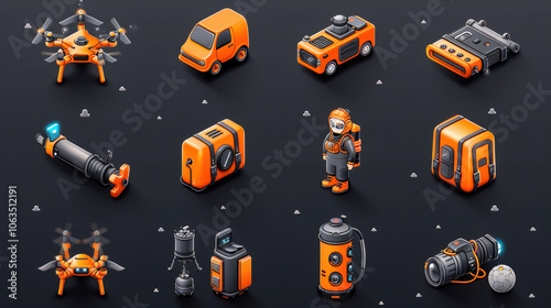 Exploring travel gear, this detailed icon set features various orange items like drones, vehicles, and equipment, perfect for adventure enthusiasts
